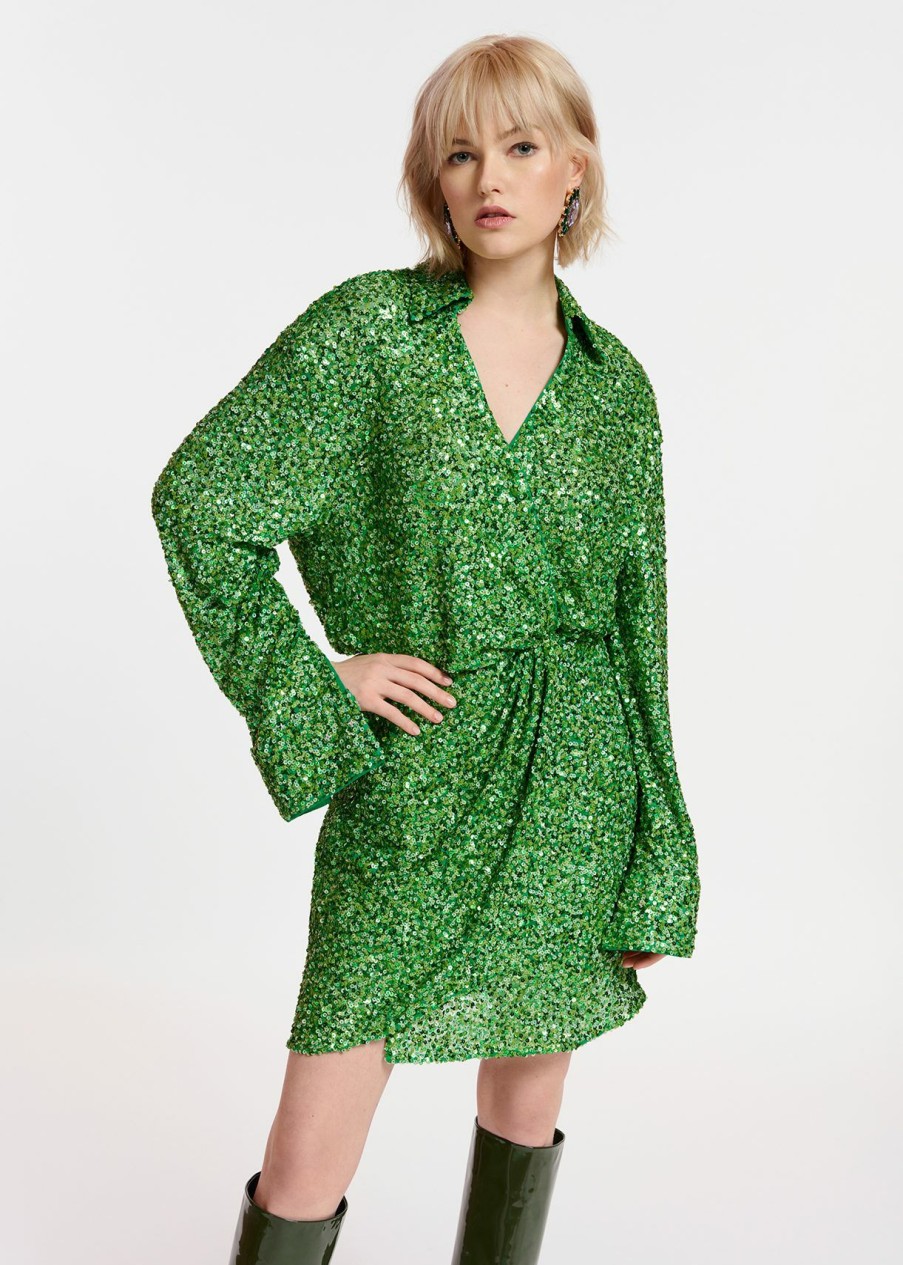 Dresses Essentiel Antwerp | Sequin-Embellished Mini Wrap Dress Green ...